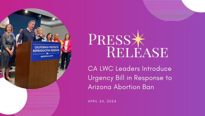 press release graphic with photoof Governor Gavin Newsom, Jennifer Siebel Newsom, and members of the Legislative Women's Caucus