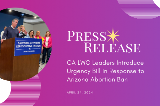 press release graphic with photoof Governor Gavin Newsom, Jennifer Siebel Newsom, and members of the Legislative Women's Caucus