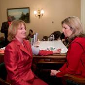 Senator Noreen Evans gets her blood pressure checked in an effort to draw attention to women's heart disease in the American Heart Association's, Go Red for Women campagin.