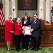 Assemblymember Bonnie Lowenthal’s honoree is flanked by Assembly Republican Leader Connie Conway, Assemblymember Lowenthal and Speaker Pérez during the Assembly Woman of the Year Ceremony